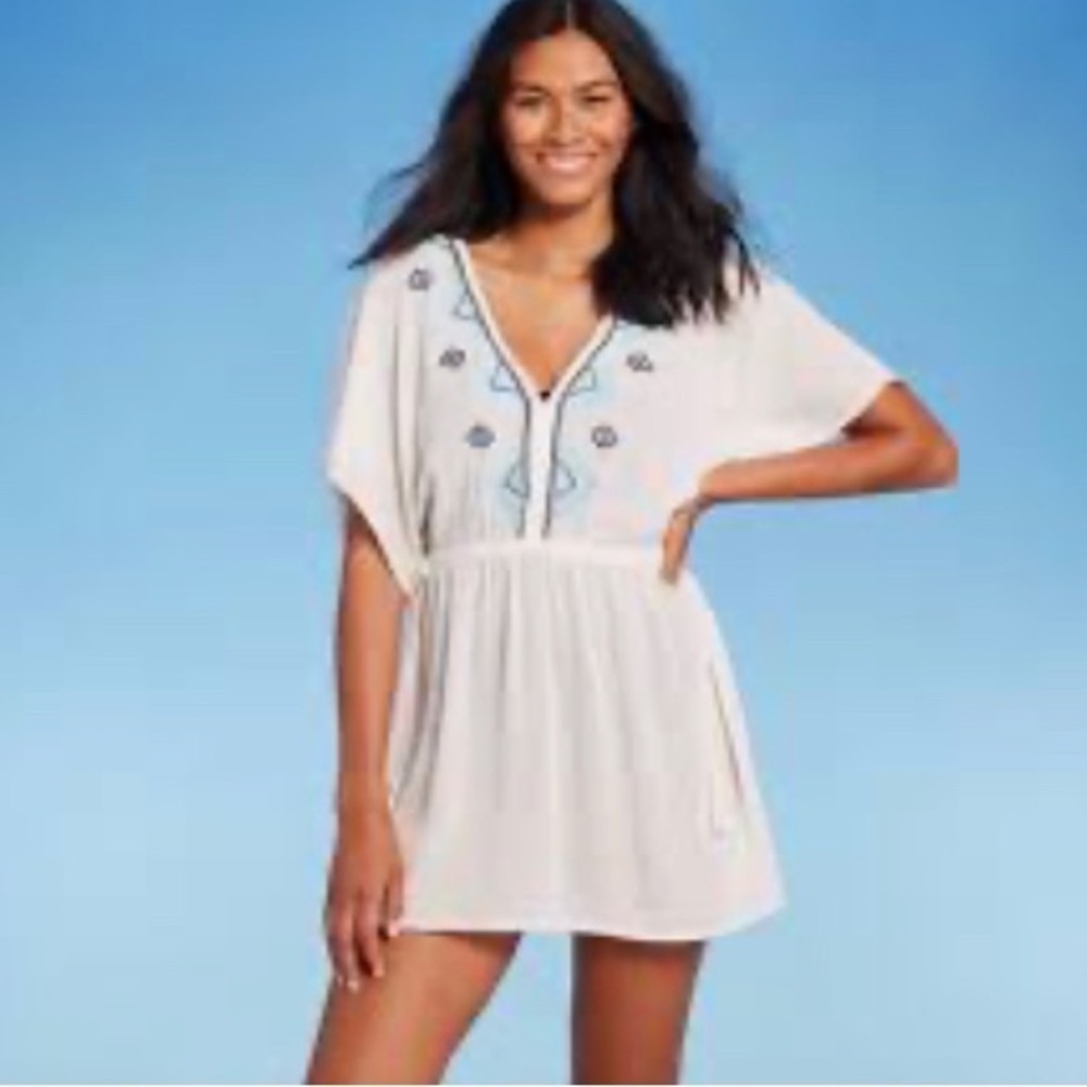 Kona Sol Large Beach Swim Cover Up white Blue Embroidered Vacation Cruise
